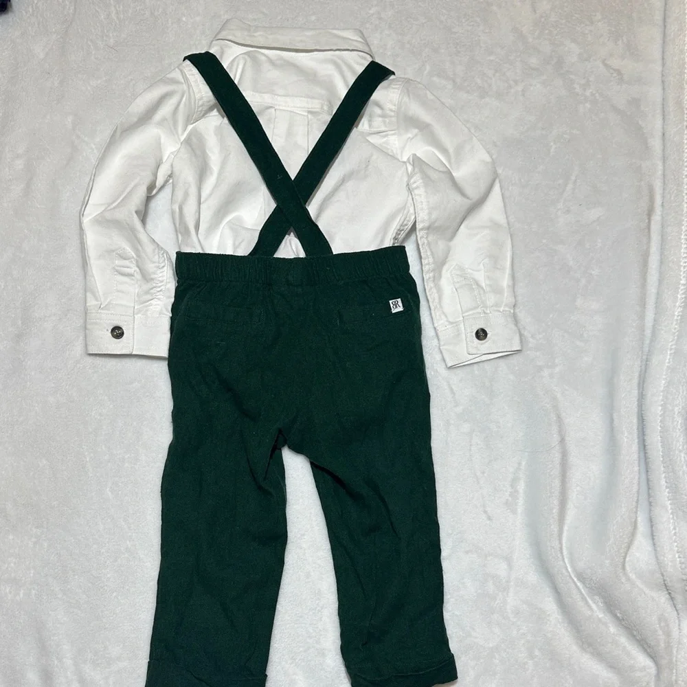 NWOT Bums & Roses green bamboo/linen mix suspender & collared onesie 18/24mo